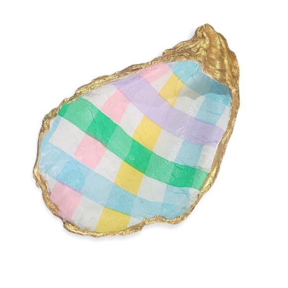 Pastel plaid decoupage oyster trinket tray - Picture 1 of 2